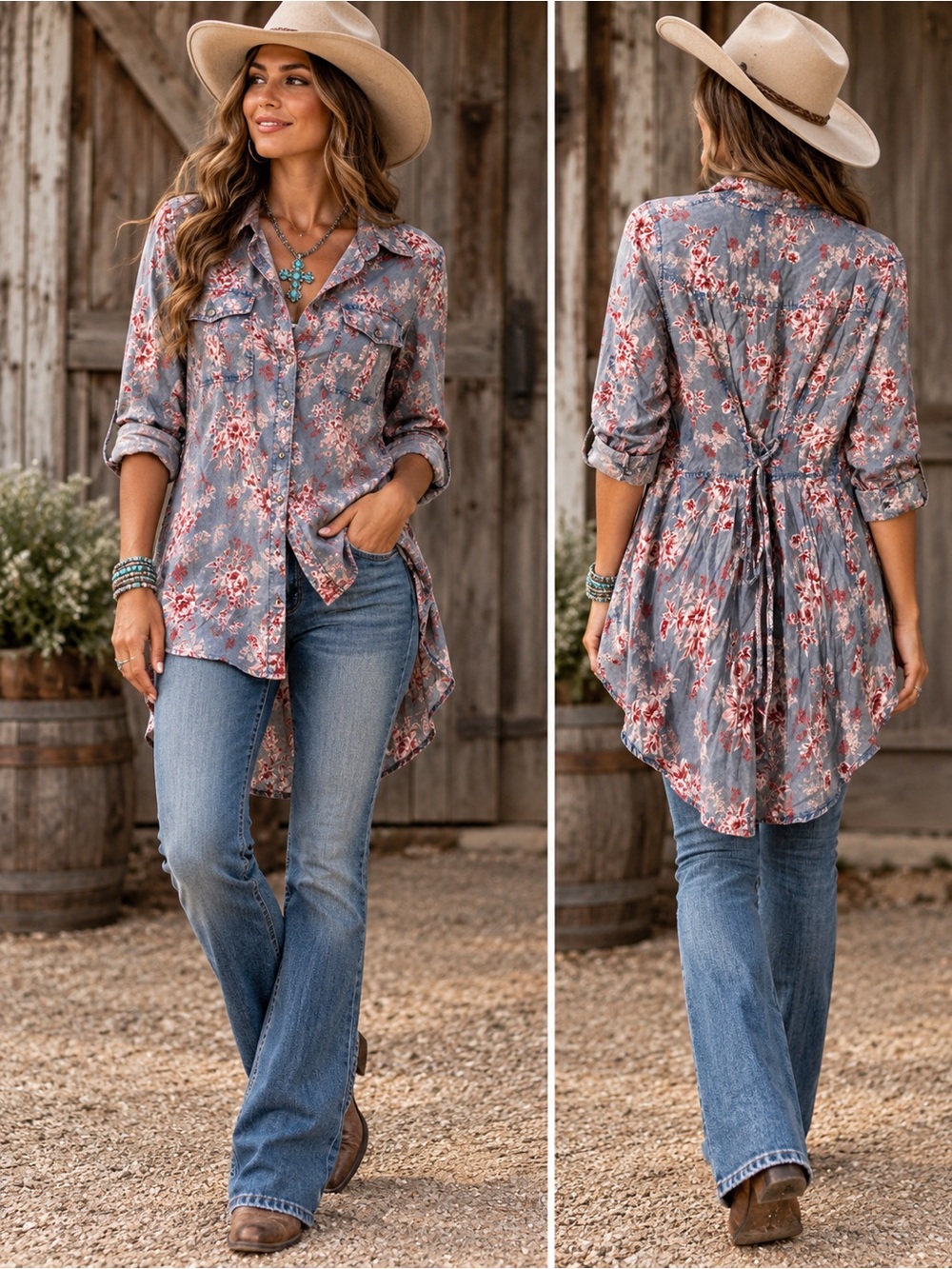 Nostalgia Floral Chambray Tunic Shirt Dress Western Boho Blue M